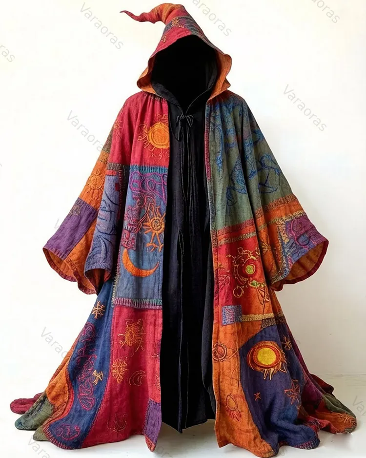 Men's Fashion Star and Moon Embroidered Linen Color-Blocked Hooded Cape 7048
