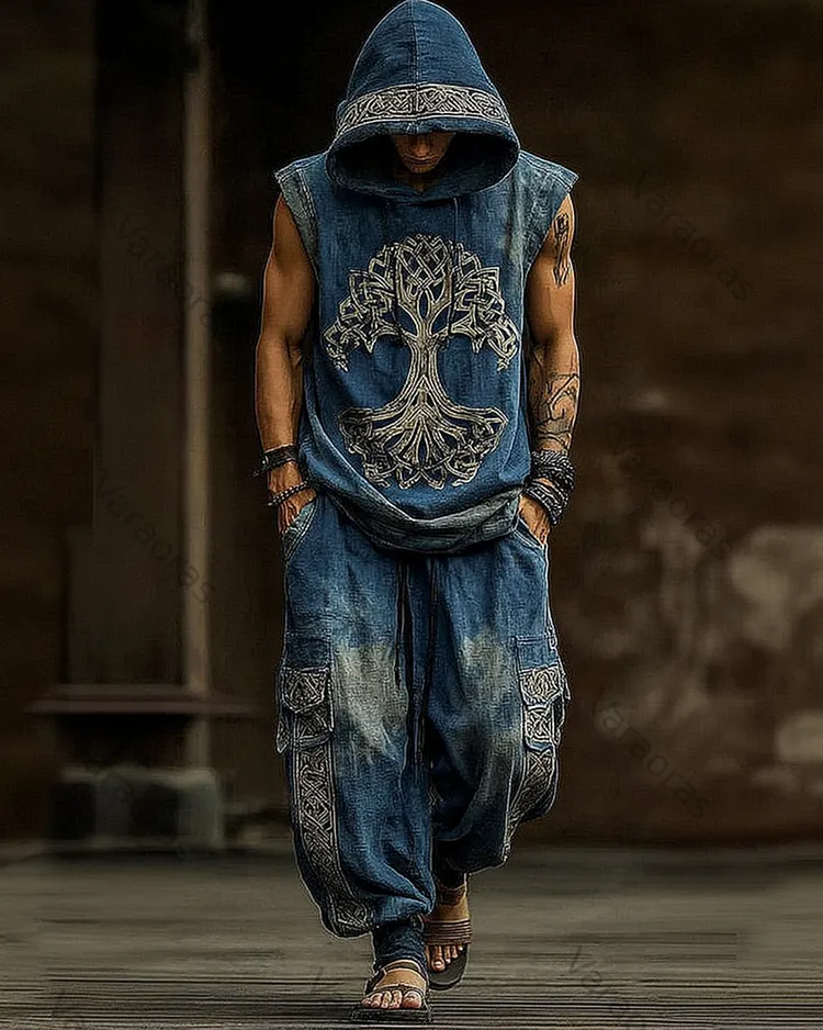 Men's Viking Color-Block Linen Sleeveless Hooded Top and Pants Two-Piece Set 2295