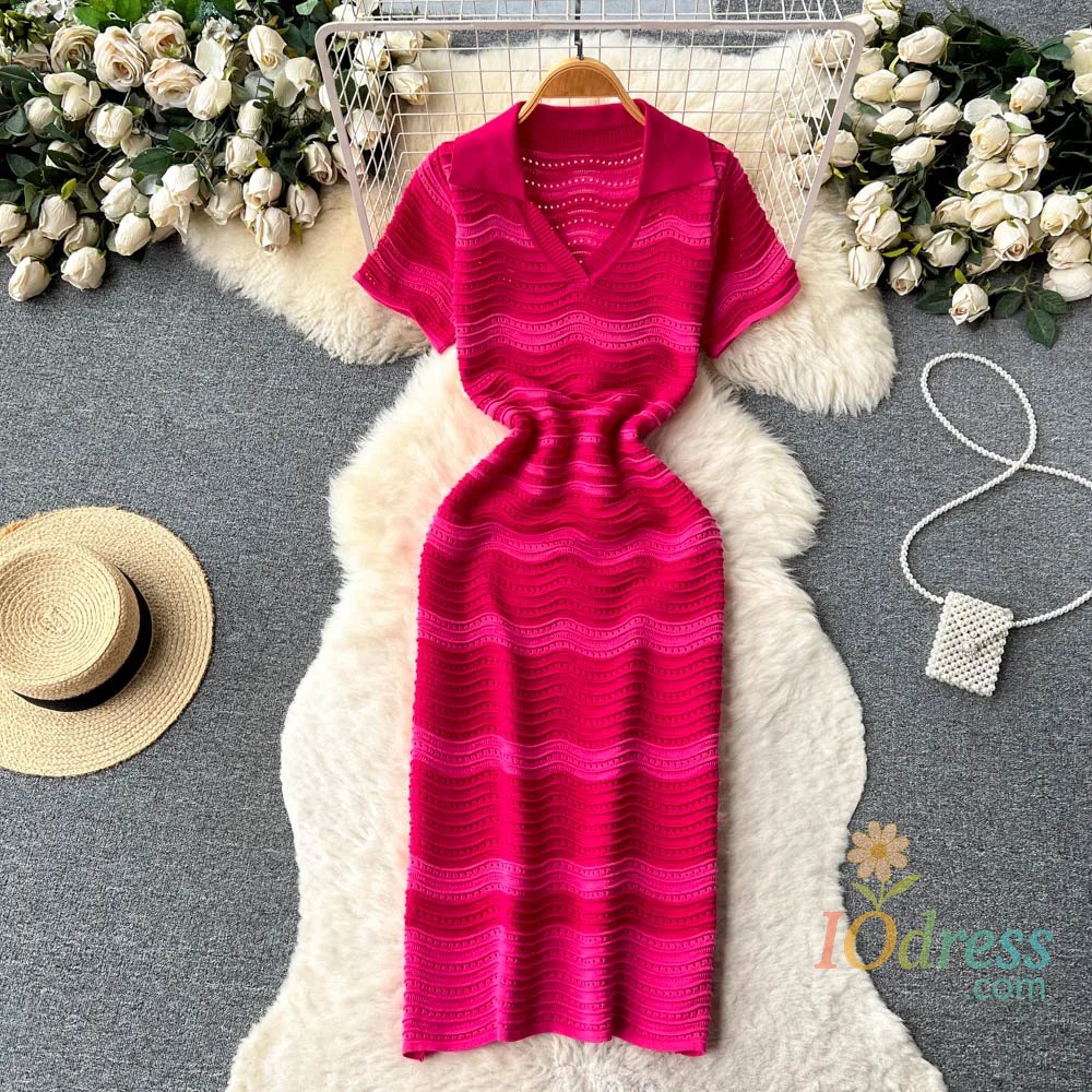 IO Dress Short Sleeves Striped Long Dress Lapel Neck Hollow Out Slim Bodycon Sundress Fashion Hotsweet Knitted Beach Midi Dress