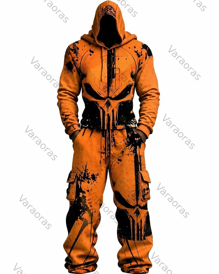 Men's Color-Block Skull-Embroidered Hoodie & Pants Two-Piece Set 8894