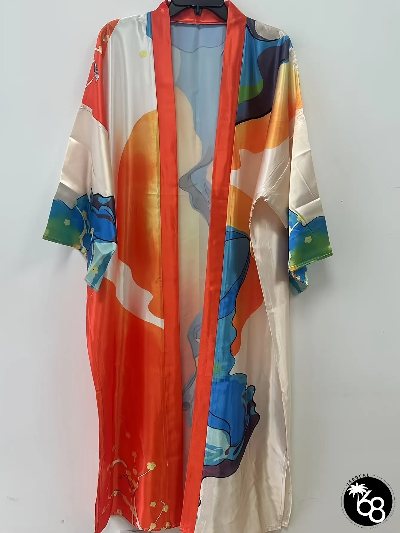 Open-Front Kimono Cardigan Flowy Beach Cover-Up With Vibrant Print Belted Non-Stretch | 168DEAL
