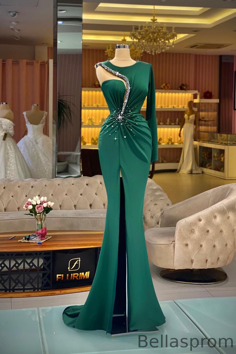 Bellasprom Dark Green Scoop Long Sleeve Mermaid Prom Dress With Front Split Beadings Bellasprom