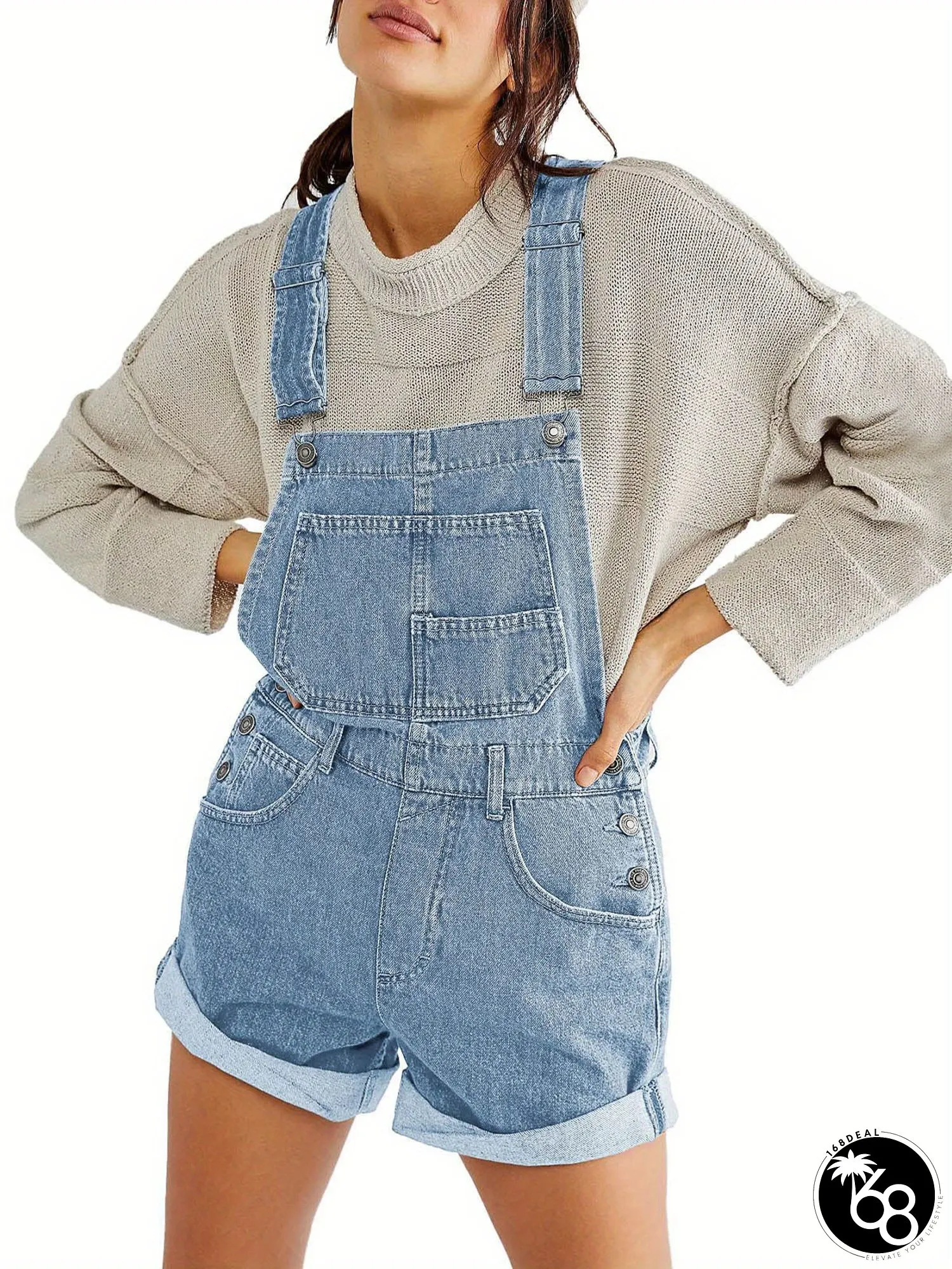 Women Denim Bib Overalls Adjustable Straps Pocket Casual Rolled Cuff Short Shortalls | 168DEAL