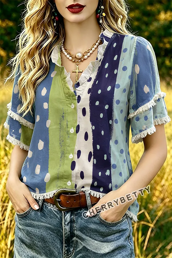 CHERRYBETTY Mixed Polka Dot Print Ruffle Neck Frayed Hem Top