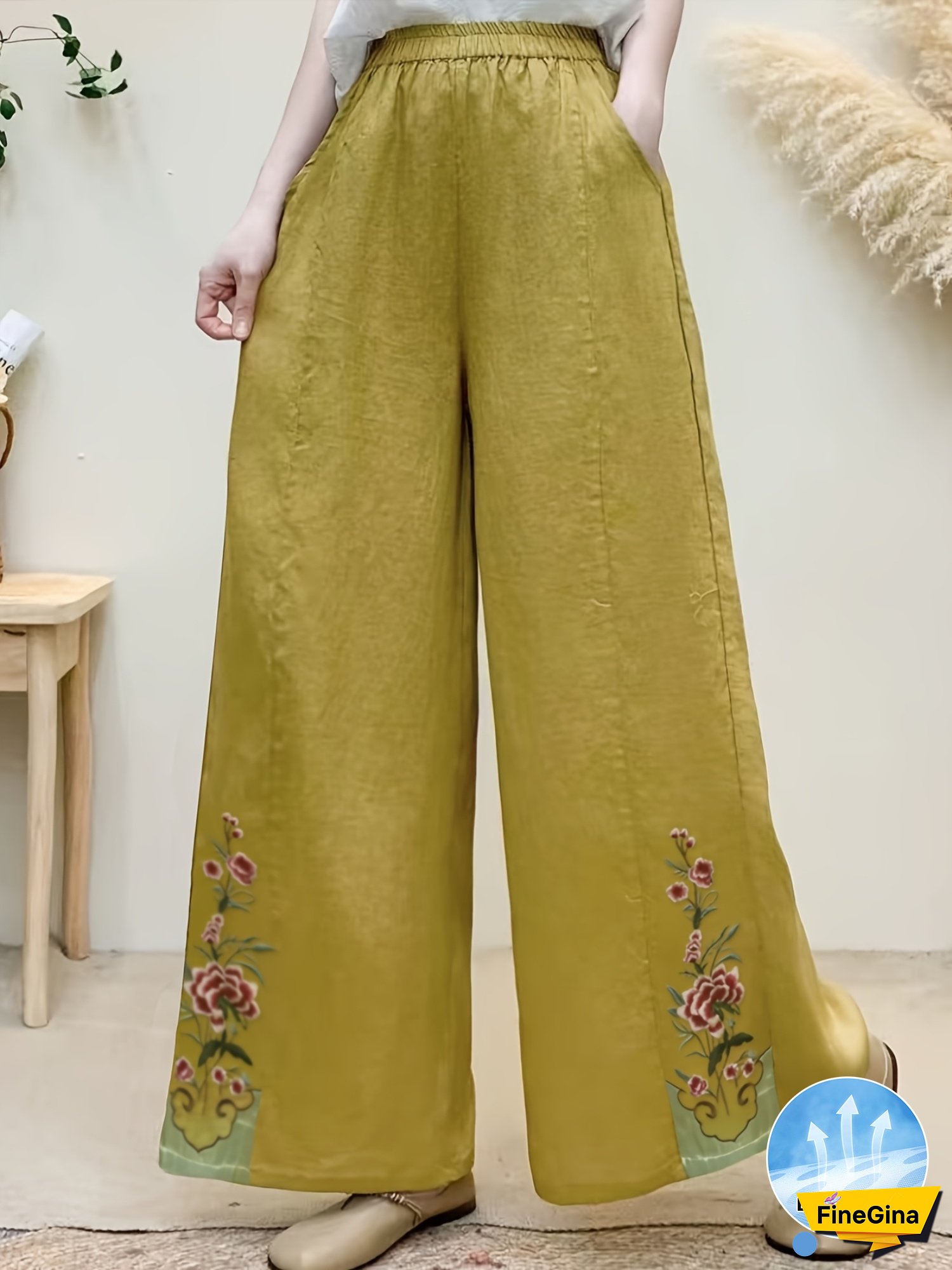 [Vintage Wide-Leg Pants] Vibrant Colored Women's Retro Chinese-Inspired Floral Embroidered Viscose Linen Wide-Leg Pants | High-Waisted Elastic Waistband, Loose Fit Summer Casual Trousers, Machine Washable, Comfortable Leisurewear, Intricate Embroidery