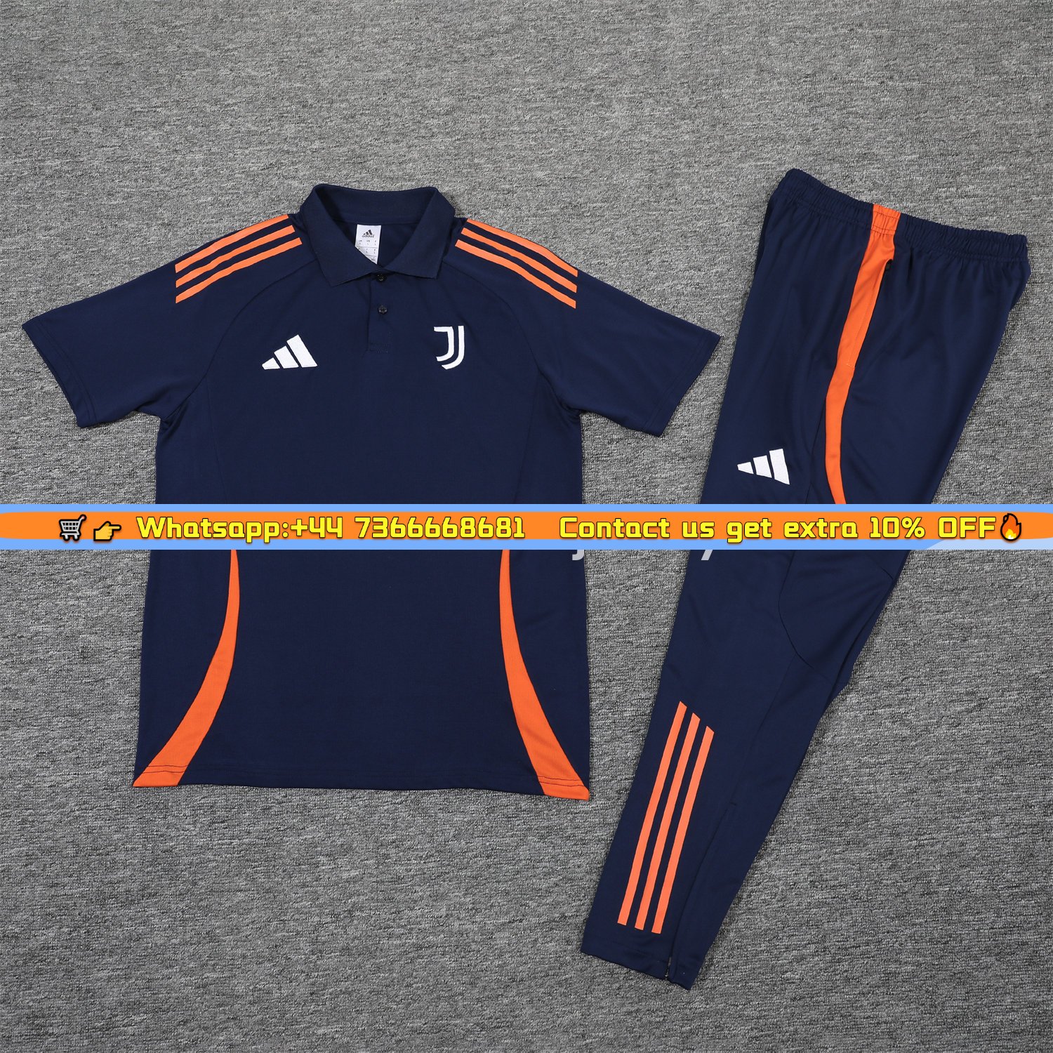 Juventus 25-26 POLO Short-Sleeve Training Set - Deep Blue Top and Pants with Orange Stripes