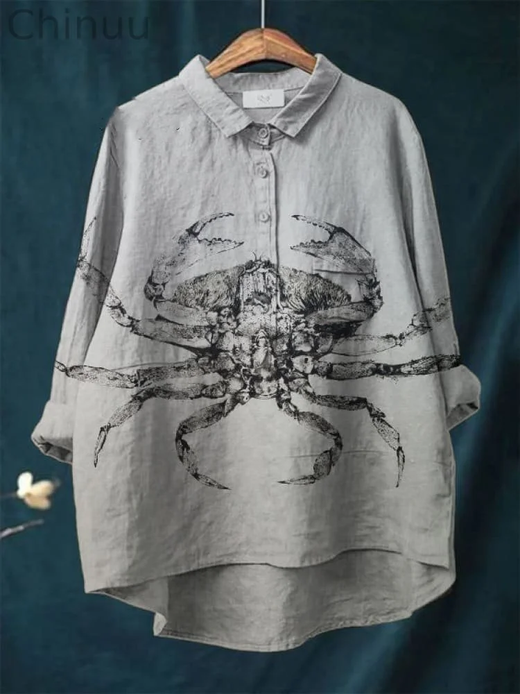Vintage Japanese Octopus Pattern Art Print Casual Cotton And Linen Shirt