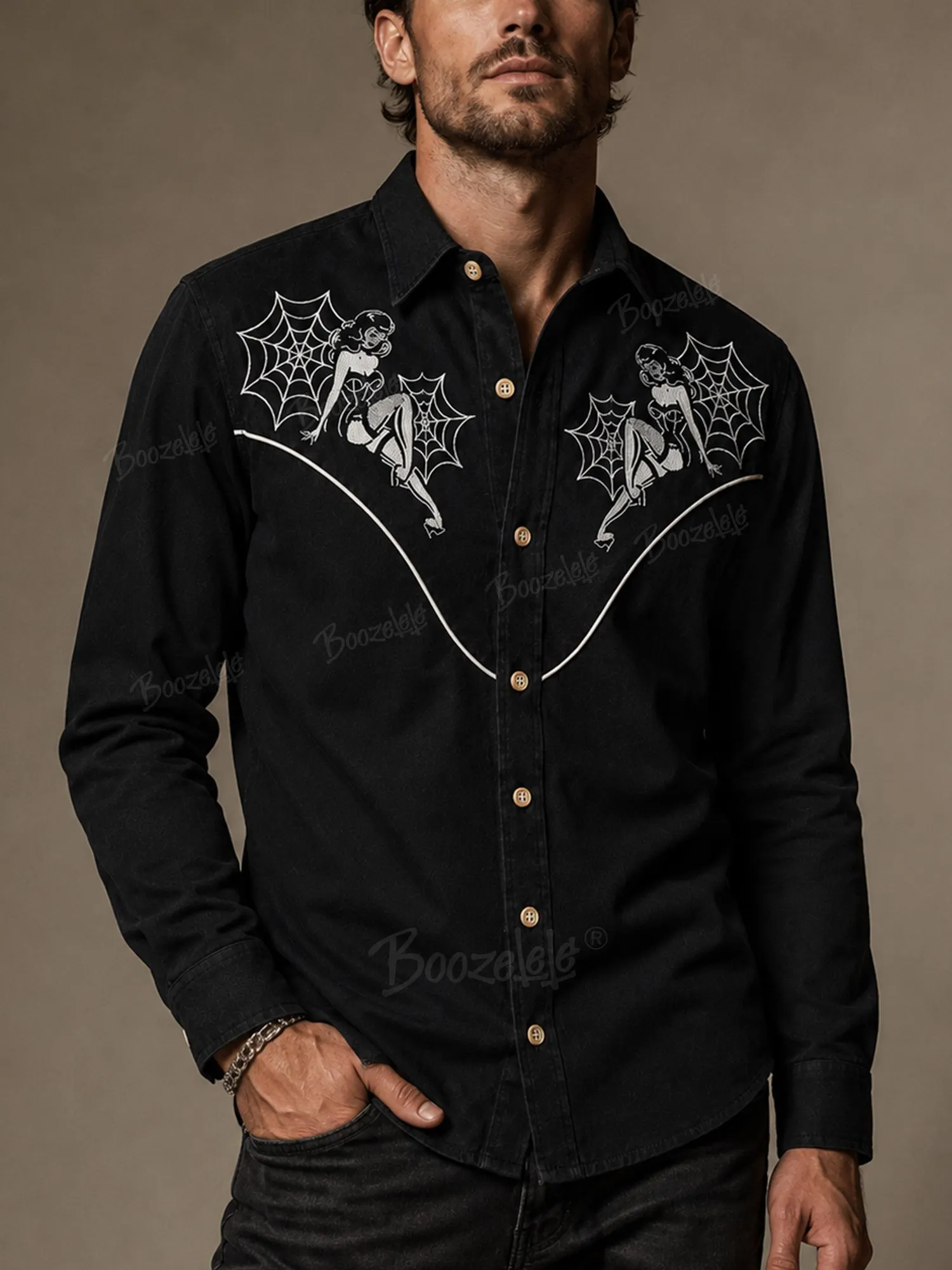 Ideal for Western evening concerts &mdash; Vintage black spiderweb print men's shirt, skin-friendly 100% Cotton