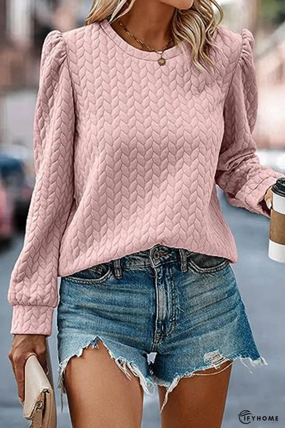 Rosy Waffle Quilted Puff Sleeve Sweatshirt | IFYHOME