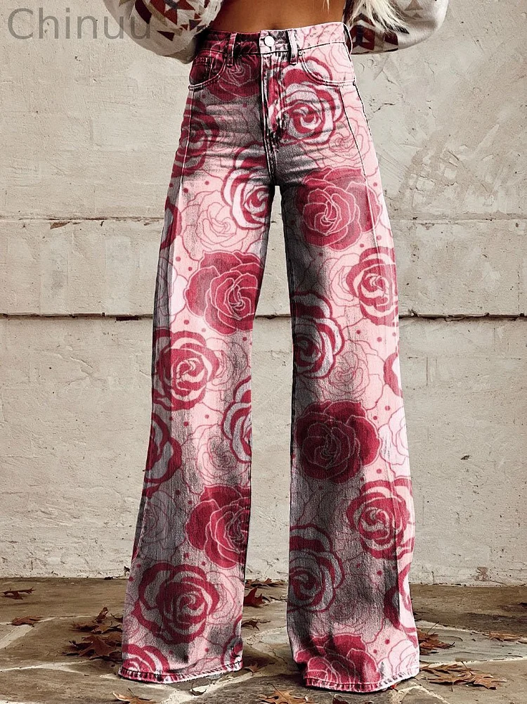 Women's Vintage Print Casual Wide Leg Pants