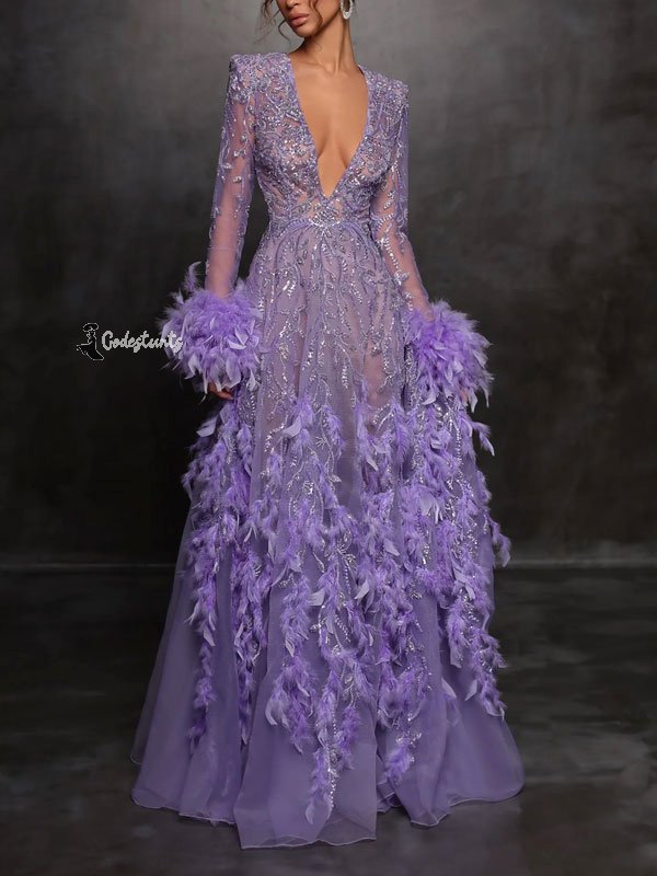 Deep V Elegant Feather Beads Women's Dress