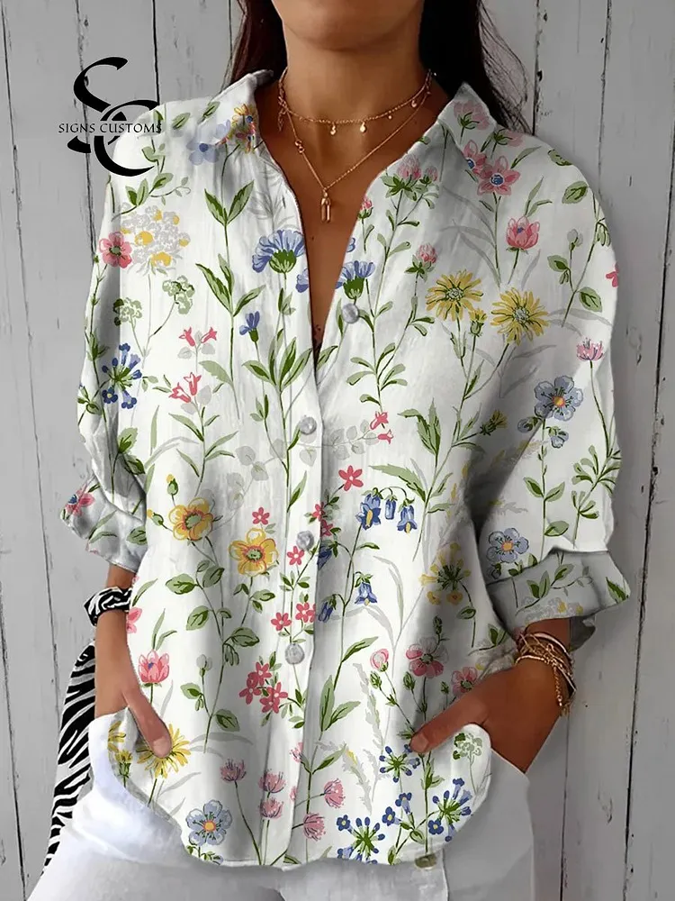 Women's  Vintage Floral Art Print Casual Linen V-neck Shirt