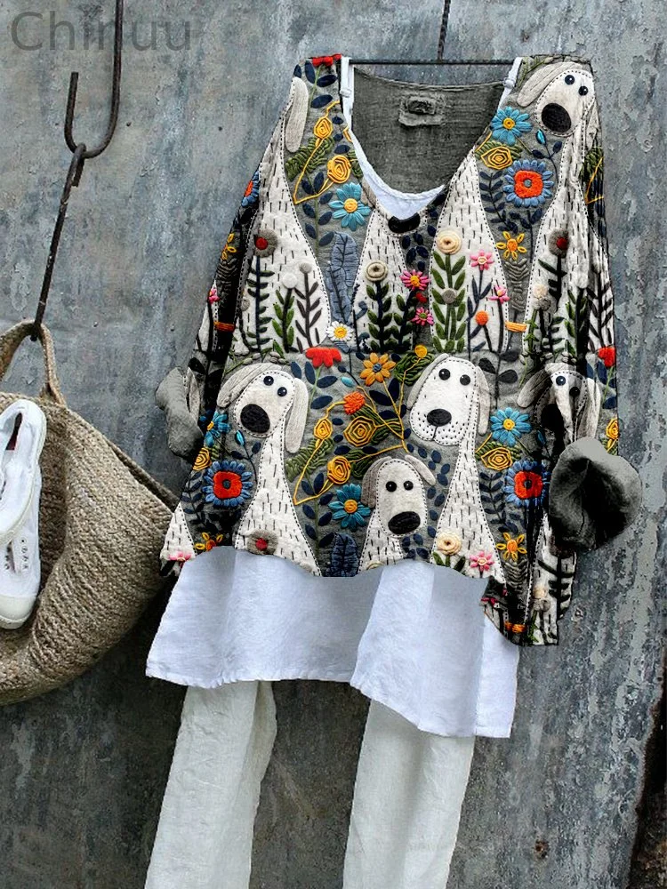 Cute Dog & Flowers Art Linen Blend Flowy Tunic
