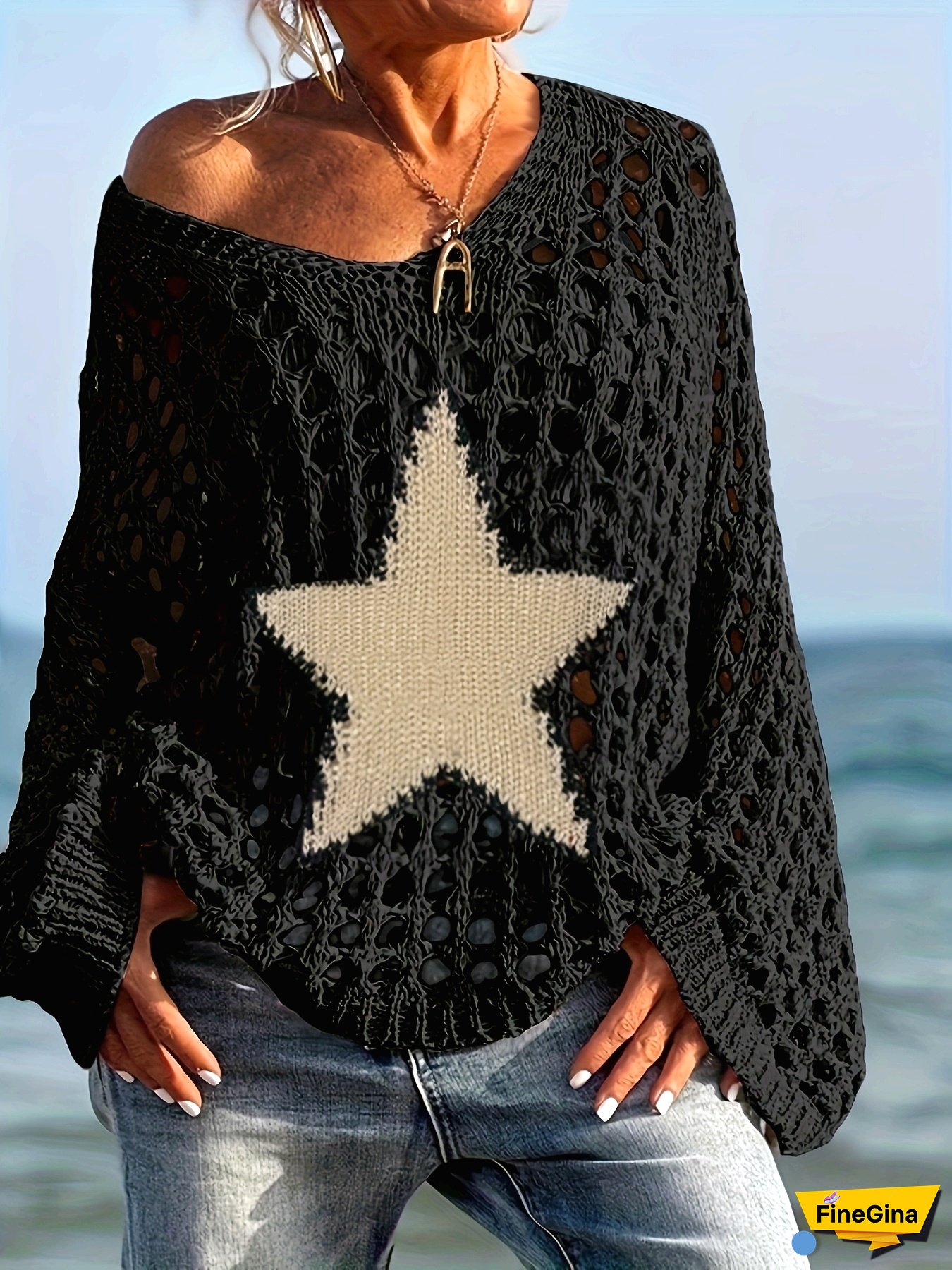 Women‘s Lightweight Crochet Knit Top - Casual V-Neck, Long Sleeve Hollow Out Knit with Golden Star Beach Cover-Up, Perfect for Spring/Summer
