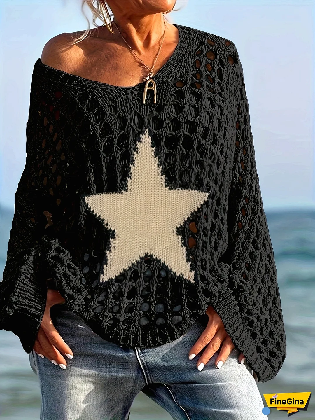 Women‘s Lightweight Crochet Knit Top - Casual V-Neck, Long Sleeve Hollow Out Knit with Golden Star Beach Cover-Up, Perfect for Spring/Summer