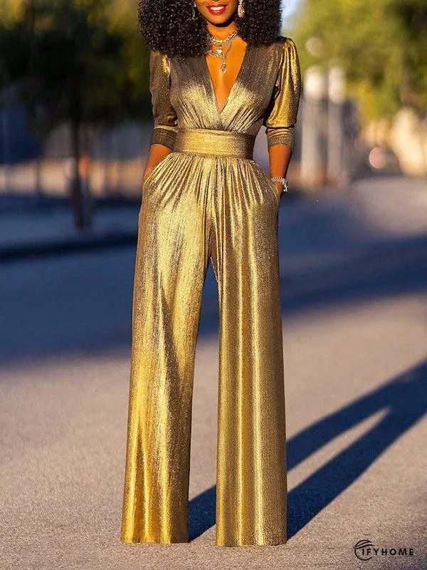 High Waisted Three-Quarter Sleeves Pleated Solid Color Deep V-Neck Jumpsuits | IFYHOME