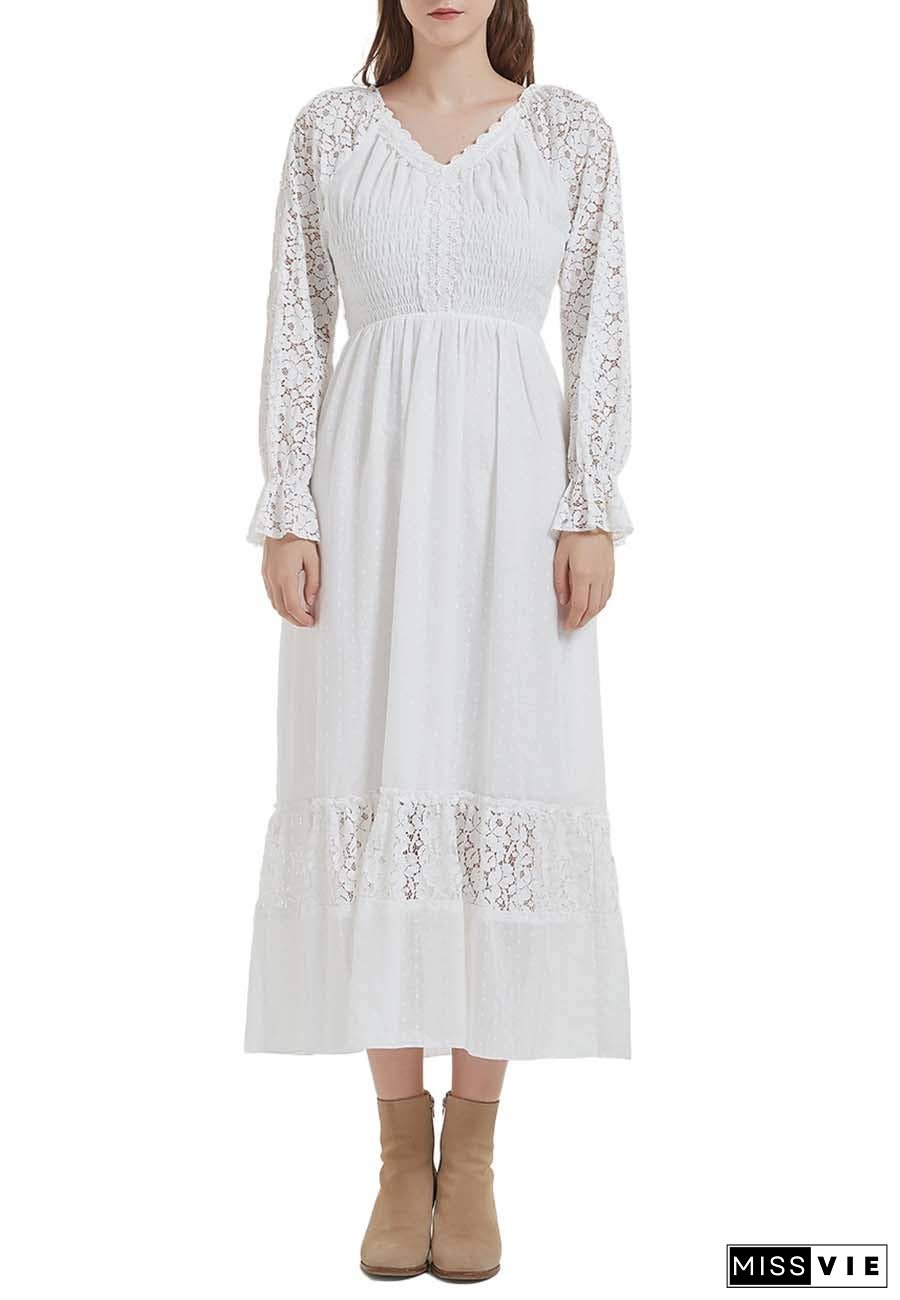 Womens Lace Long Sleeve V Neck Fall Maxi Dress