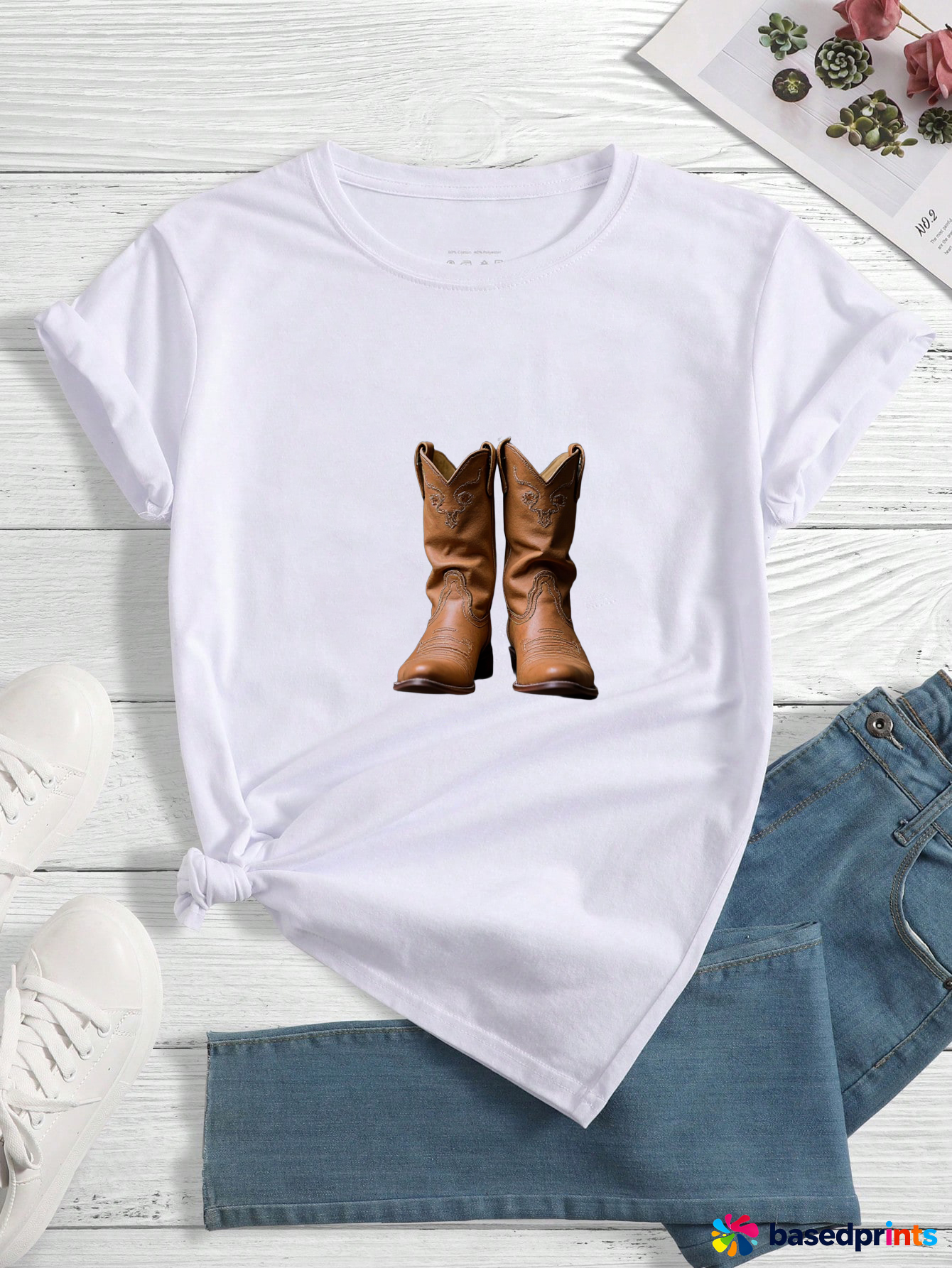 Cowboy Boots White T-Shirt Women Summer Casual Short Sleeve Tops Tee