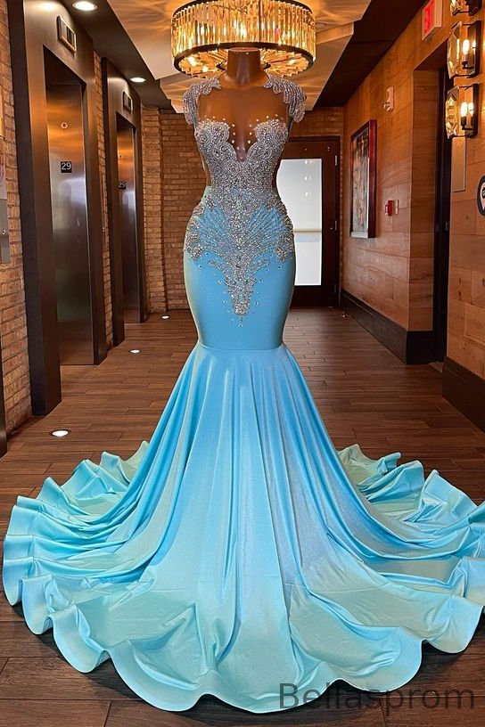Bellasprom Cap Sleeves Blue Prom Dress Mermaid With Crystals Online Bellasprom