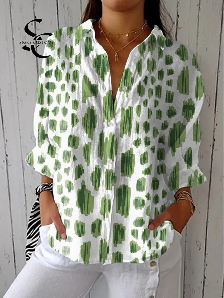 Women's Simple Graffiti Art Print Casual Linen V-neck Shirt