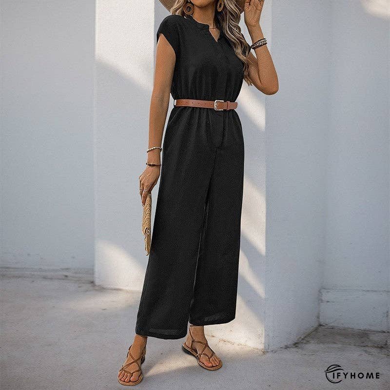 Solid Color Short Sleeve Stand Collar Jumpsuit | IFYHOME
