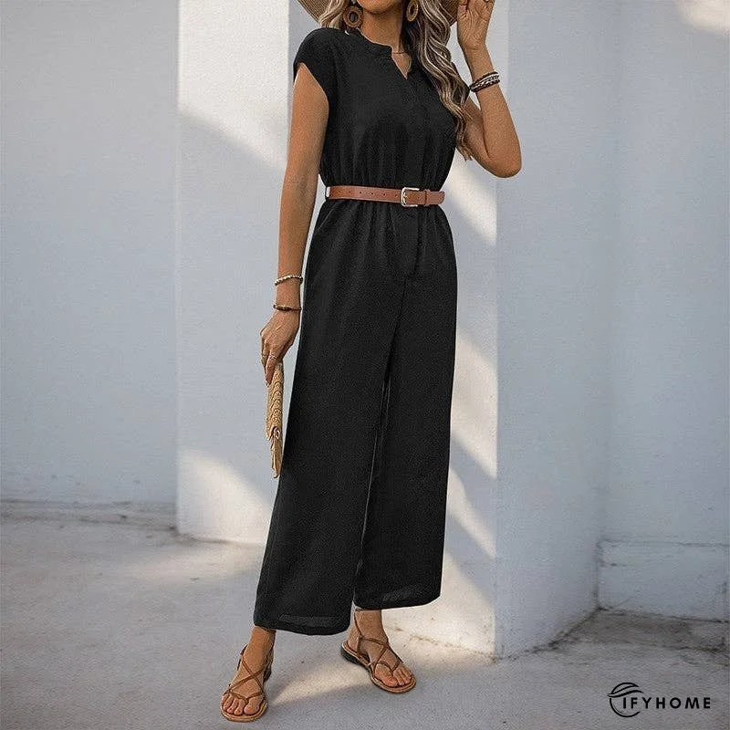 Solid Color Short Sleeve Stand Collar Jumpsuit | IFYHOME
