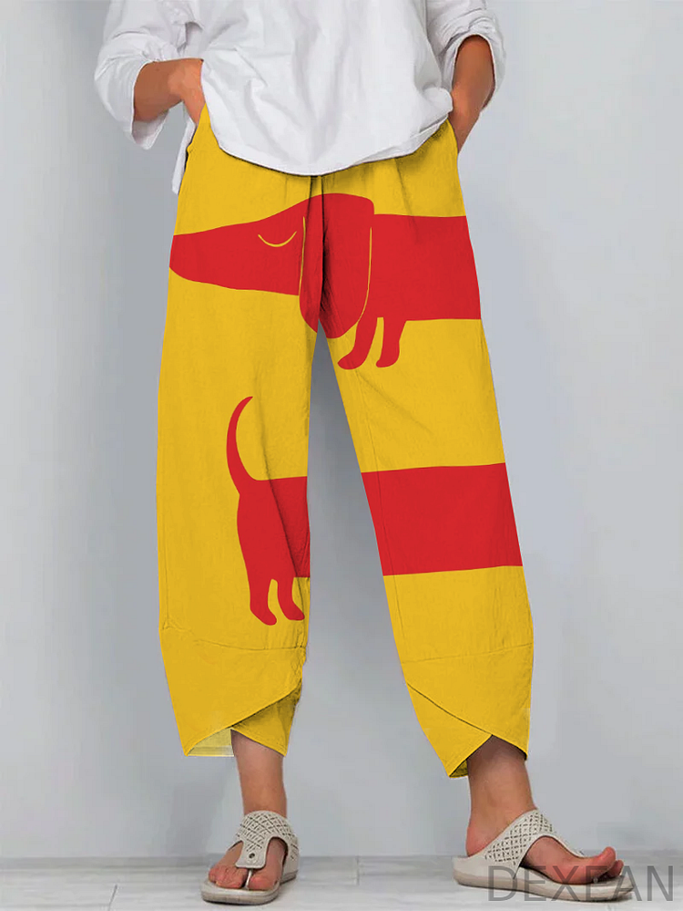 Cute and Funny Art Cartoon Dachshund Casual Cropped Pants