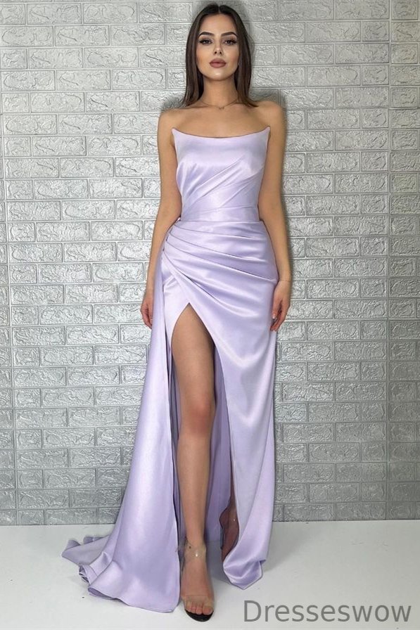 Dresseswow Light Lilac Strapless Mermaid Prom Dress Pleats Long Split With Ruffle