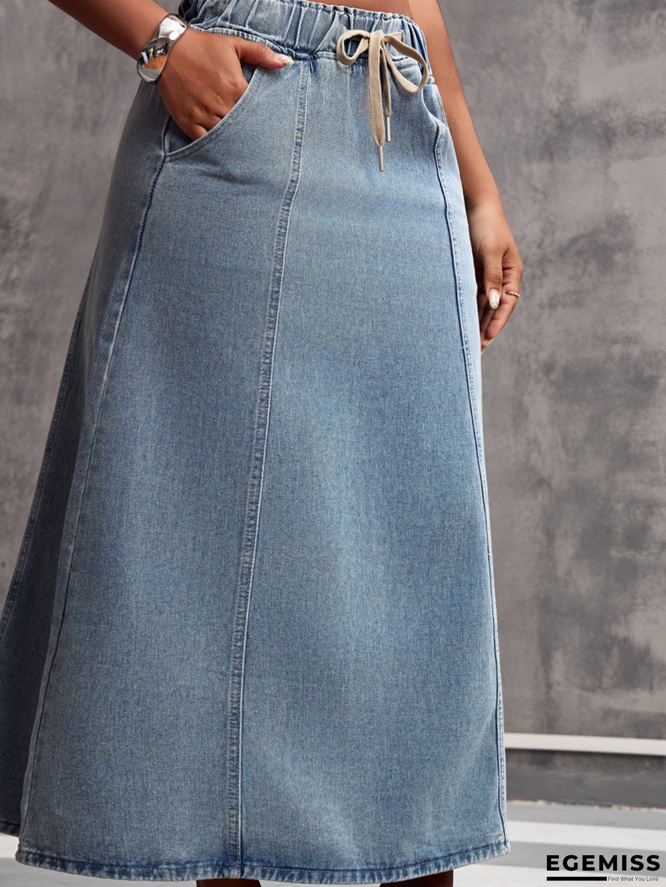 Women's Light Blue Washed Denim Skirt - Elegant A-Line mid-length with Drawstring Waist, Non-See-Through Fabric for Casual, Office, Formal Outfits - Machine Washable Everyday denim skirt, Jeans Skirt, Casual Wear, Office Attire, Comfortable Fit | EGEMISS