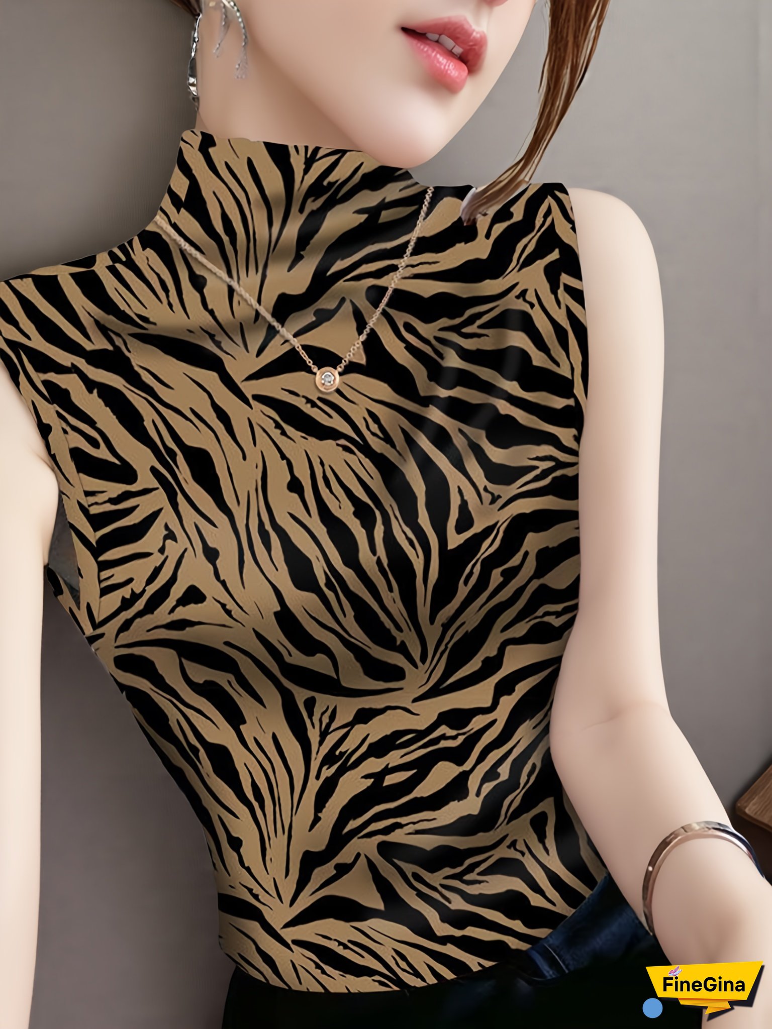 Women‘s Sleeveless Leopard Print Crop Top - Sexy Stand Collar Geometric Pattern Effect, Stretchy Polyester Blend for Spring Summer Fall, Versatile Innerwear or Outerwear