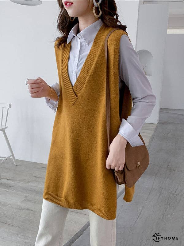Trendy Sleeveless Split-Side Solid Color V-Neck Knitted Vest | IFYHOME