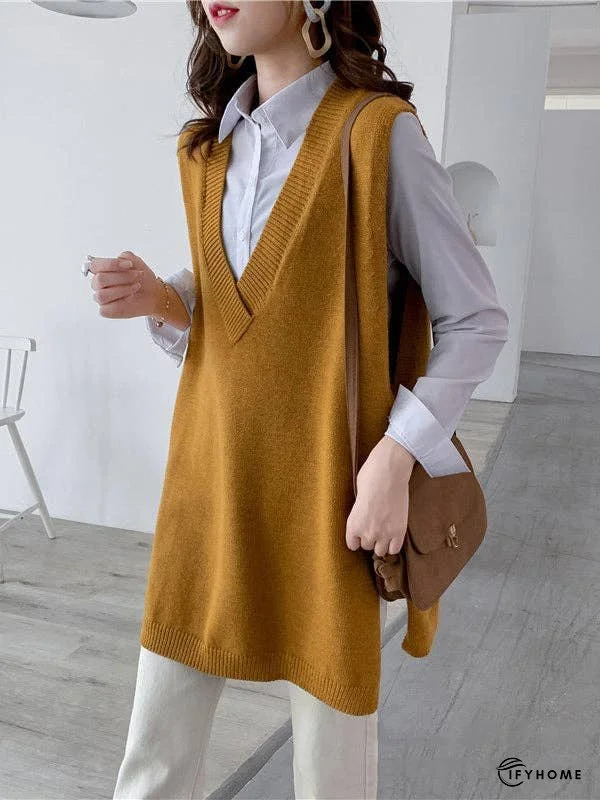 Trendy Sleeveless Split-Side Solid Color V-Neck Knitted Vest | IFYHOME