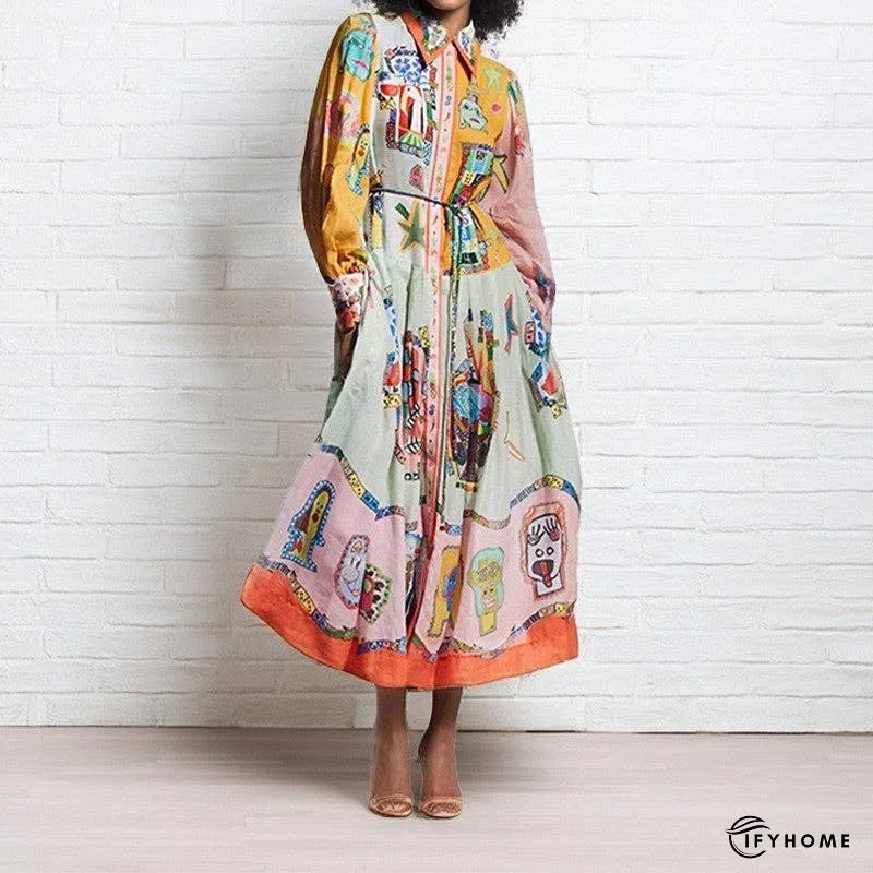 Lantern Sleeve Printed Cinched Waist Long Sleeve Dress | IFYHOME