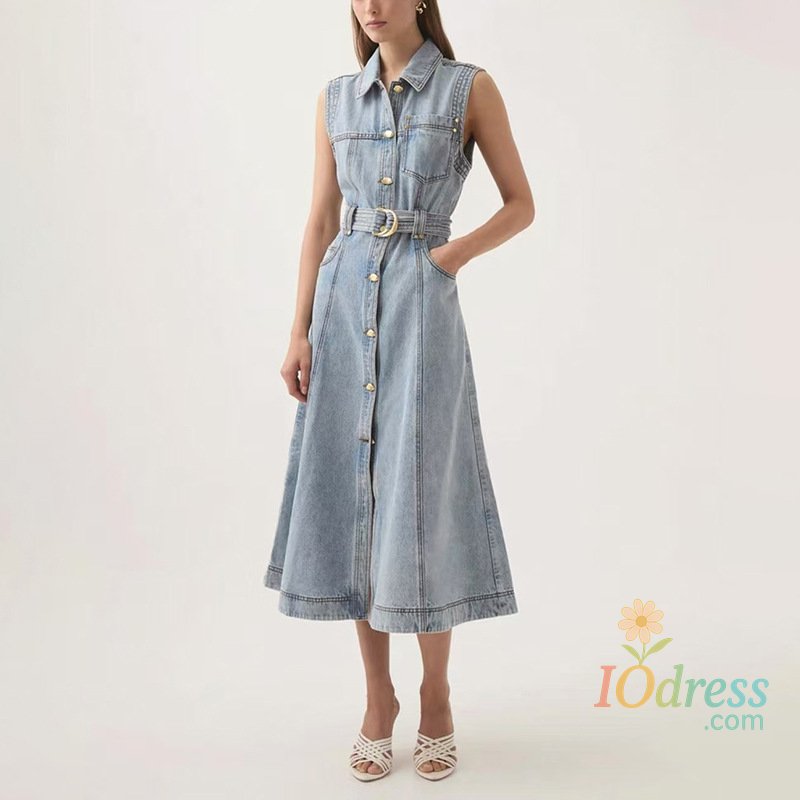 IO Dress KEQIU Korean style lapel denim long dress 2025 Summer new lace-up waist-cinching sleeveless long dress for women
