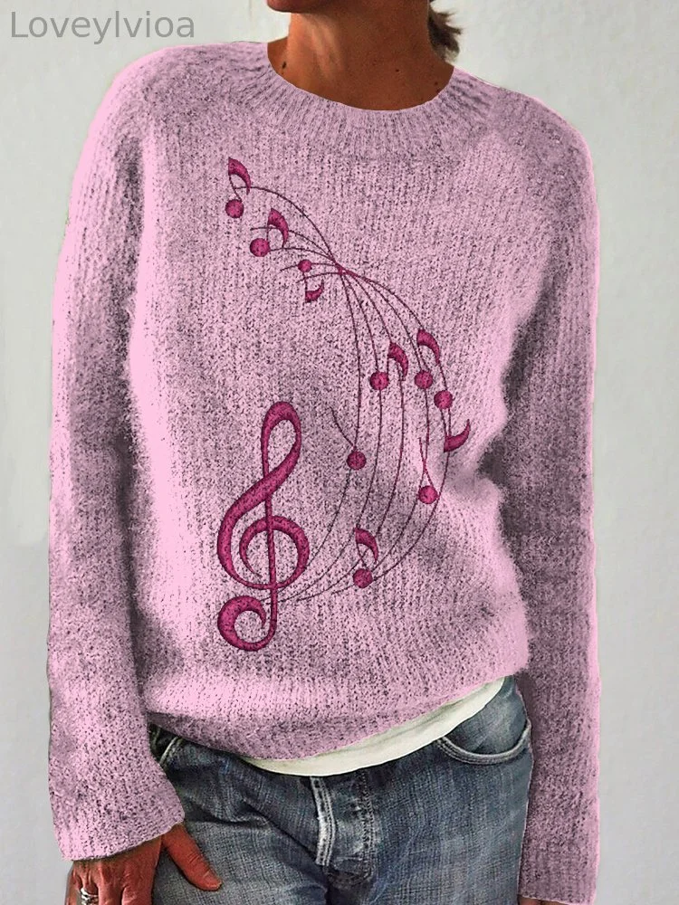 Music Notes Graphic Embroidery Vintage Cozy Sweater