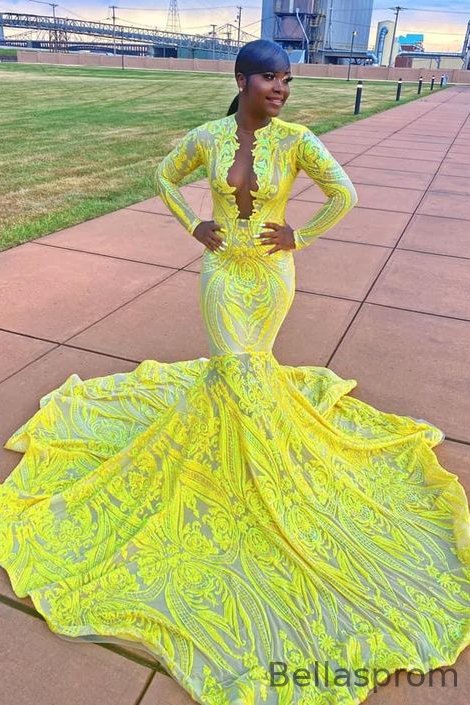 Bellasprom Yellow Deep V-Neck Long Sleeves Mermaid Prom Dress Sequins Bellasprom