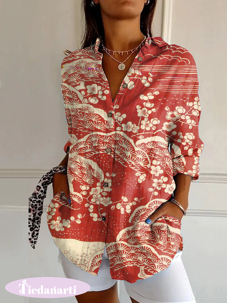 Japanese Classic Plum Blossom Print Casual Long-sleeved Shirt