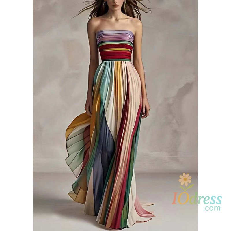 IO Dress Women's Summer Printing Patchwork Maxi Dress Sleeveless Fashion Holiday Party Dresses Elegant Strapless Ladies Dress Vestidos