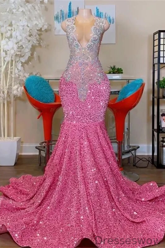 Dresseswow Pink Scoop Sleeveless Mermaid Evening Gowns With Sequins Beadings