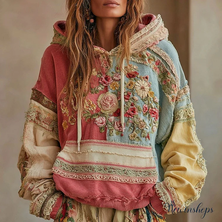 Women's Retro Floral Stitching Contrast Color Warm Hoodie