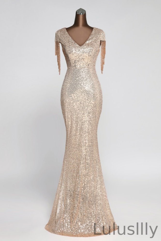 Gorgeous Sequins V-Neck Prom Dress Mermaid Long Evening Gowns Cap Sleeves - lulusllly