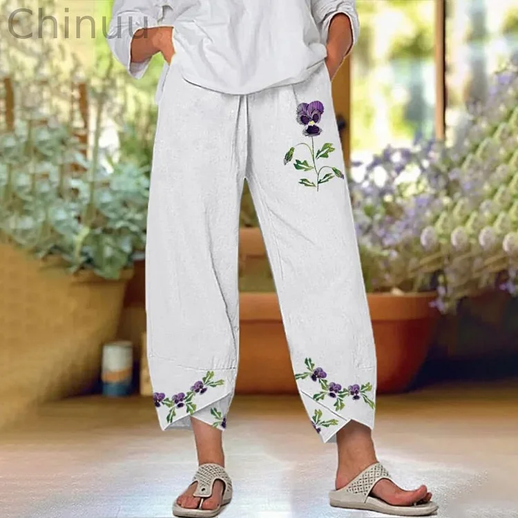 Women‘s Purple Floral Pansy Pocket  Linen Blend Pants
