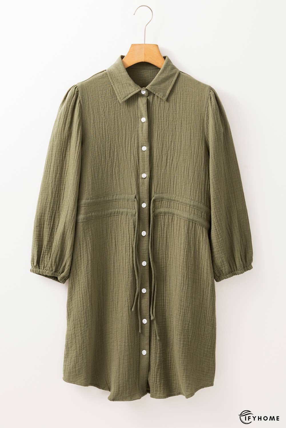 Textured Bracelet Sleeve Collared Dual Tied Mini Dress | IFYHOME