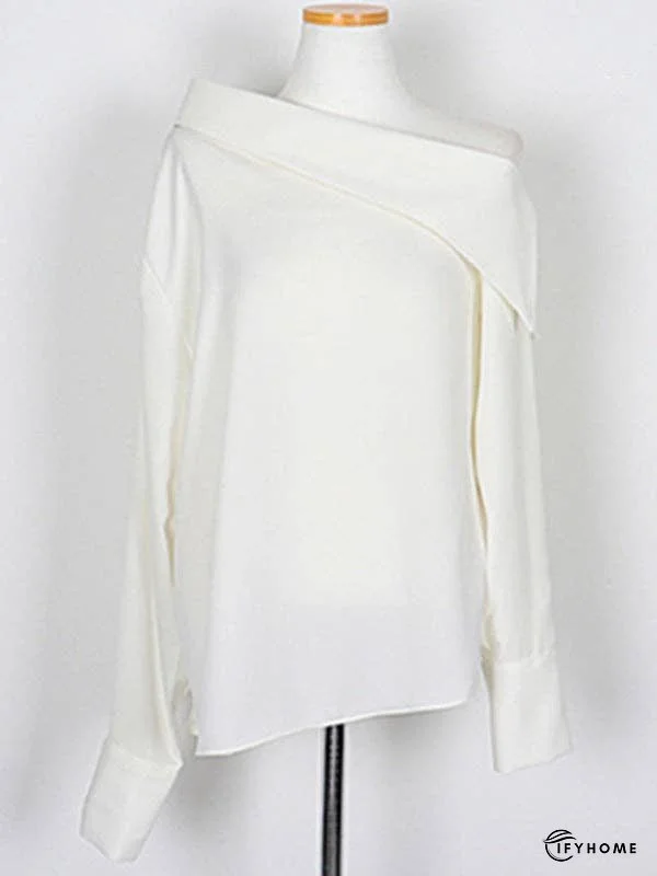 Long Sleeves Buttoned Solid Color Split-Joint Off-The-Shoulder Blouses&Shirts Tops | IFYHOME