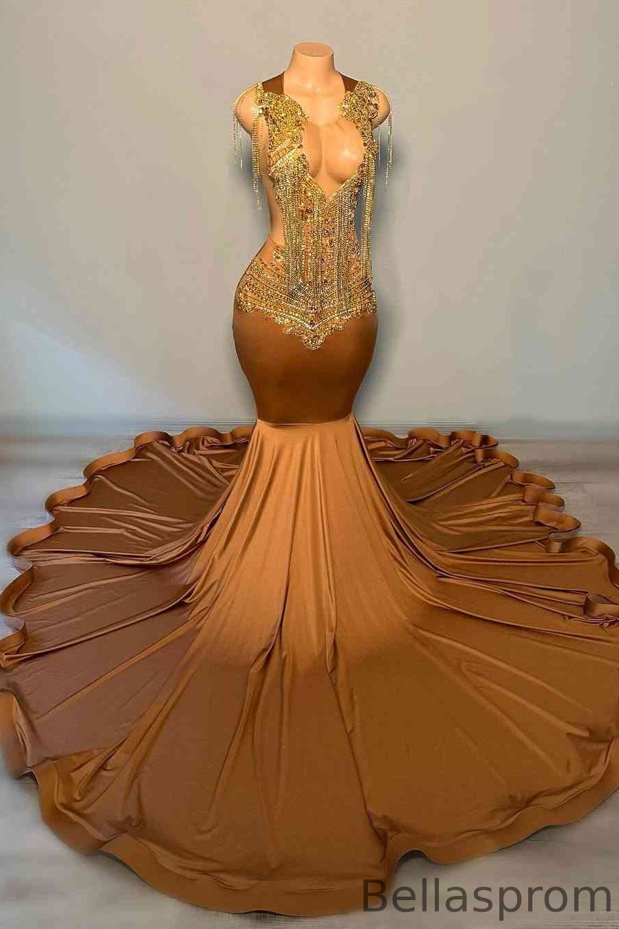 Bellasprom Brown Sleeveless Mermaid Prom Dress With Gold Beadings Tassels Bellasprom