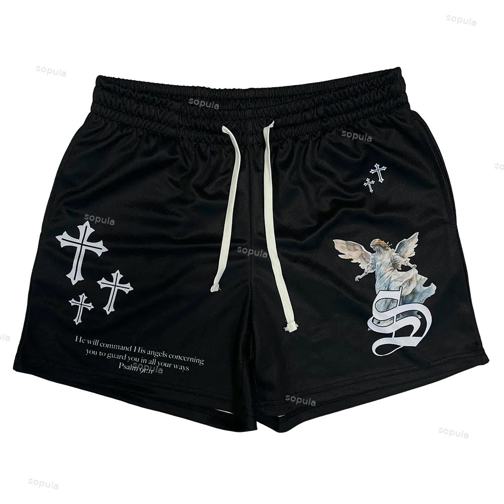 Vintage Guardian Angel Graphic Casual Street Mesh Shorts