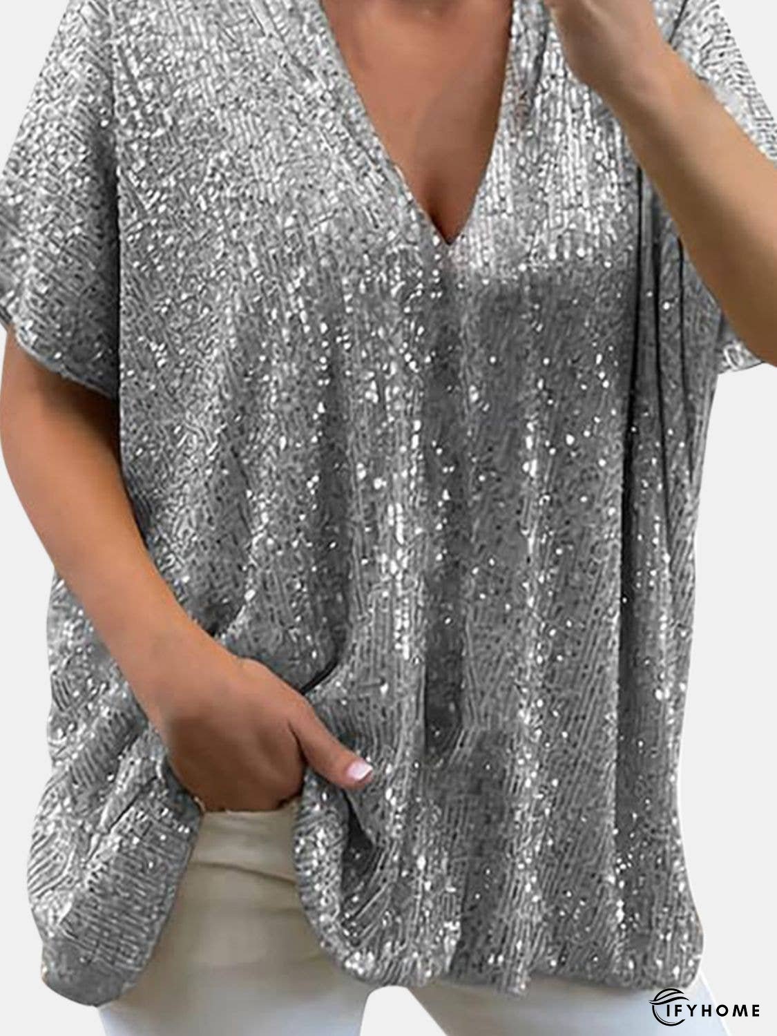 Full Size Sequin V-Neck Short Sleeve Top | IFYHOME