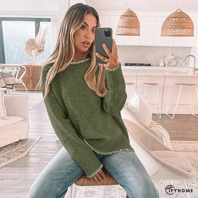 Stylish Round Neck Sweater With Hemmed Border And Side Slit | IFYHOME