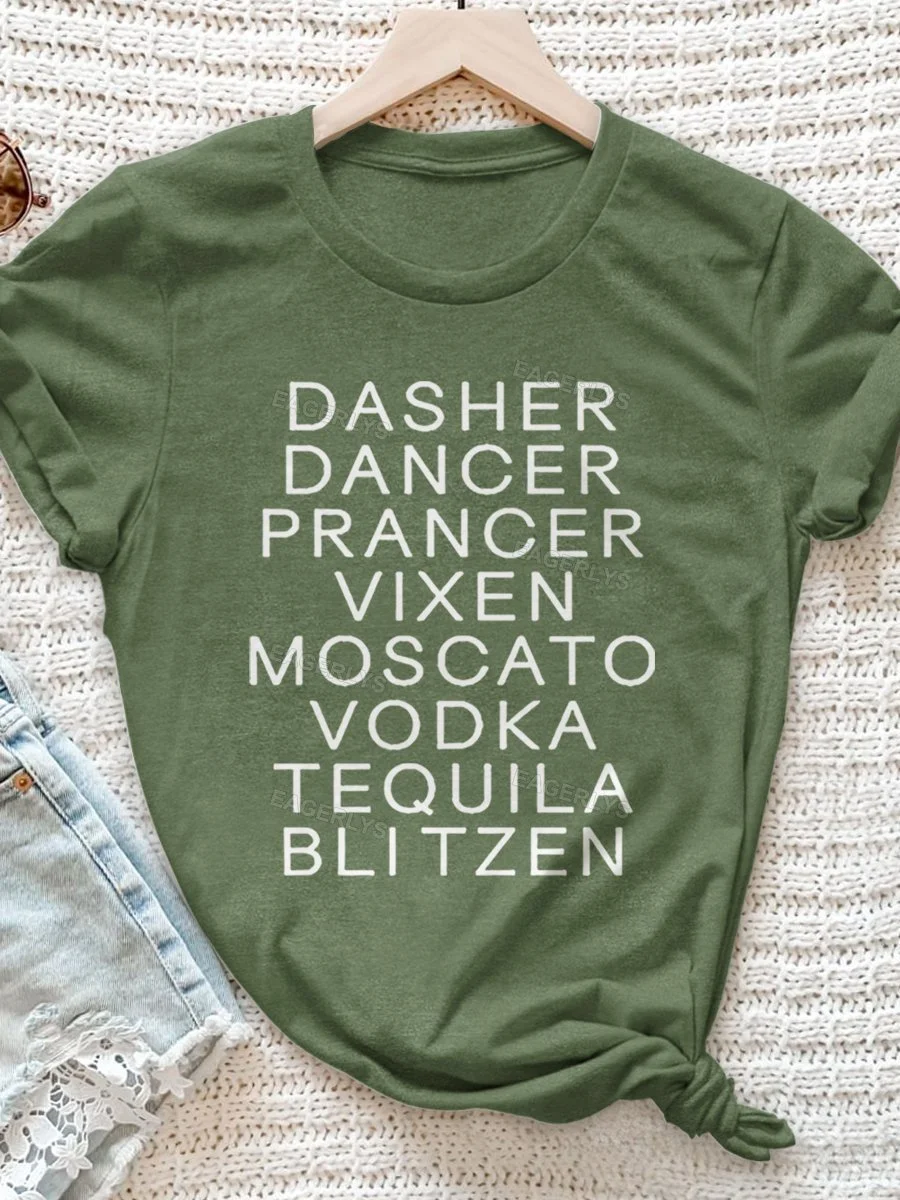 Eagerlys Dasher Dancer Prancer Vixen Moscato Vodka Tequila Blitzen Christmas Print Short Sleeve T-shirt Eagerlys