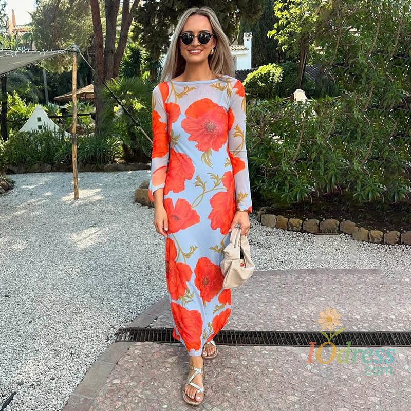 IO Dress Blifanbo Print Flower Elegant Maxi Dress Women O Neck Fashion Long Sleeve Slim Sexy Print Patchwork Female Holiday Long Dress IO Dress